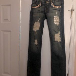 PRICE DROP LNWOT PRICE DROP A7  distressed Swavorski Crystal jeans